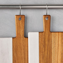 Acacia and white marble charcuterie boards with metal hanging hooks, set of 2