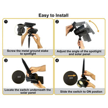 Matte black LED solar spot light with adjustable angle and ground stake, installation view