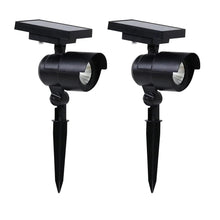 2-pack matte black LED solar spot lights with stakes and flat solar panels
