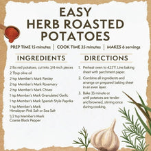 Easy herb roasted potatoes recipe card showing ingredients and directions