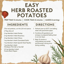 Recipe card for easy herb roasted potatoes, with ingredients and directions
