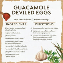 Guacamole deviled eggs recipe card showing ingredients and directions