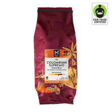Whole bean coffee bag, burgundy, Colombian Supremo 40 oz, medium-dark roast label