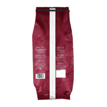 Whole bean coffee bag back, burgundy with barcode and preparation/storage text