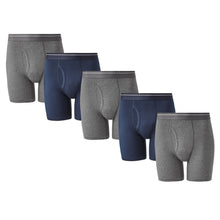 5-pack men's boxer briefs in heather grey and navy blue, cotton stretch