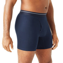 Navy cotton stretch boxer briefs with dark waistband, side front view