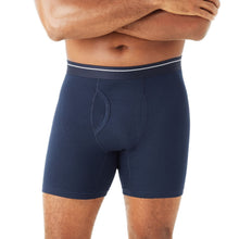 Navy cotton stretch boxer briefs with dark waistband, upper front close-up