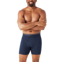 Navy cotton stretch boxer briefs with dark waistband, front view on model