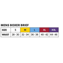 Men's boxer brief size chart: waist 28-30 in (S) to 44-46 in (XXL)
