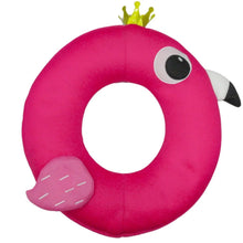 Pink circular mesh animal ring float with large eye patch, crown, and white belly