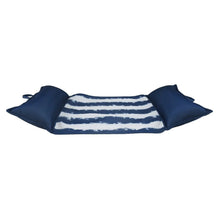 Navy-striped mesh pool hammock float with blue side bolsters and striped center