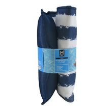 Packaged navy and white striped hammock float with blue end bolsters