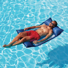 Blue-and-white striped mesh pool hammock float with dark blue side pillows