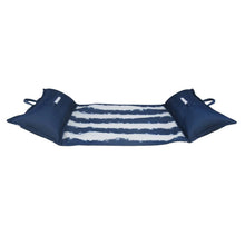 Navy striped mesh pool hammock float with blue bolsters and striped center panel