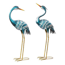 Metal crane statues set of 2, close view of blue and silver cranes, gold legs.