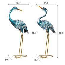 Metal crane statues set of 2 with blue bodies, gold legs; size measurements shown.