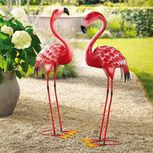Set of 2 red metal flamingo yard statues, arched necks, black beaks, circular bases