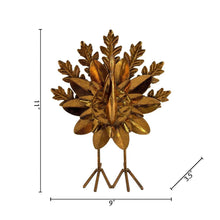 Metal turkey décor single, angled copper-gold feathered turkey with wire legs