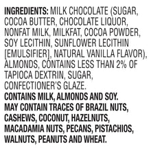 Ingredients list for milk chocolate almonds on package label