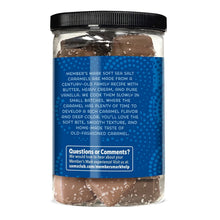 Back label on milk chocolate sea salt caramel jar with black lid and caramel pieces