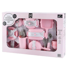 Modern cookware playset box showing pink cooking accessories, 41 pieces, ages 24 months