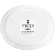 Plain white oval compostable paper plate with printed product label on back