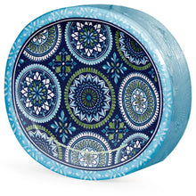 Oval paper plate with blue and green mosaic medallion pattern and light blue rim