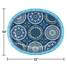 Oval paper plate, blue and green mosaic medallion pattern, 10 x 12 in dimensions