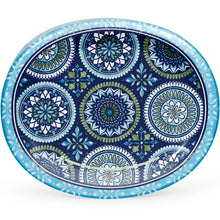 Oval paper plate with blue and green mosaic medallion pattern and light blue rim