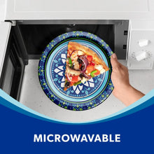 Paper plate with mosaic medallion design holding food inside microwave