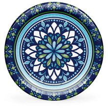 10-inch paper plate with navy and teal floral medallion mosaic pattern