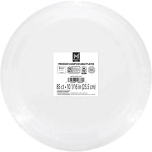 White compostable paper plate with product label on back, 10 in