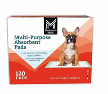 Member's Mark multi-purpose absorbent pads box, 120 count, with dog illustration.