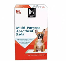 Member's Mark multi-purpose absorbent pads box, 120 pads, side panel with dog graphic.
