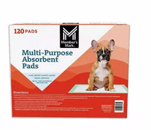 Member's Mark multi-purpose absorbent pads box back, 120 pads, dog graphic.