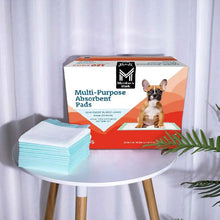 Absorbent pad stack with teal-edged white pads beside product box