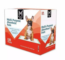 Member's Mark multi-purpose absorbent pads box, 120 pads, front and side with dog images.