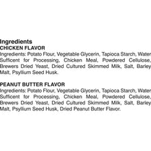 Dog treat ingredients panel listing chicken flavor and peanut butter flavor