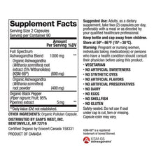 Supplement Facts for Organic Ashwagandha: serving size 2 capsules, 1000 mg