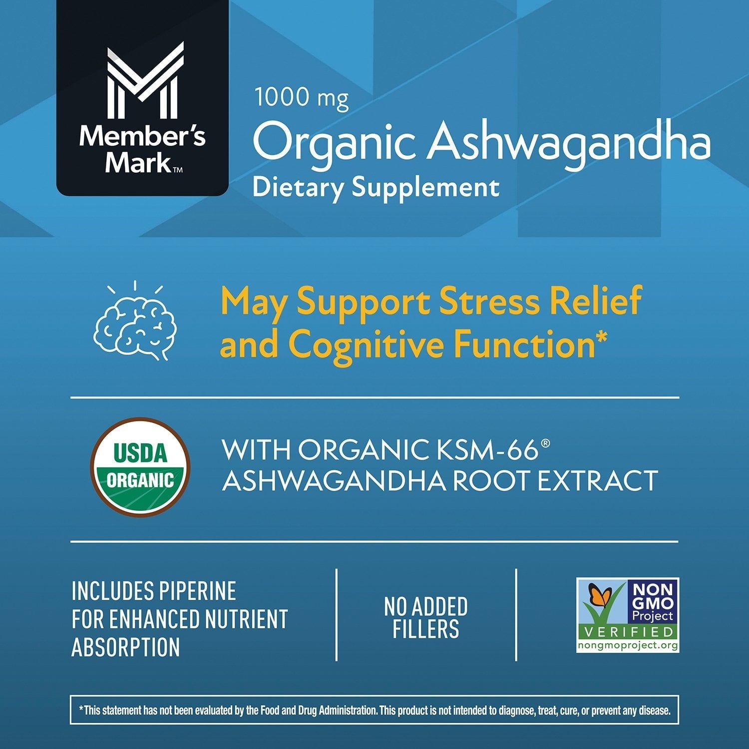 Member’s Mark Organic Ashwagandha 1000 mg Vegetarian Capsules, 180 ct.