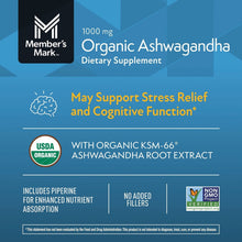 Organic Ashwagandha dietary supplement label, 1000 mg with stress relief claim