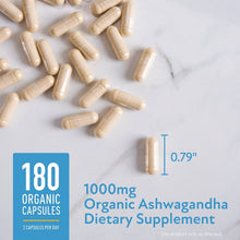 Vegetarian Organic Ashwagandha capsules with 180 count and 1000 mg supplement text