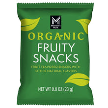 Organic fruit snacks pouch, net wt 0.8 oz (23 g) with leaf and fruit graphics