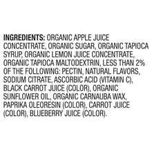 Ingredients list for organic fruit snacks, featuring organic apple juice and tapioca