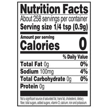 Nutrition facts panel with 0 calories per serving size 1/4 tsp (0.9 g)