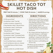 Recipe card listing ground cumin among ingredients for skillet taco tot hot dish