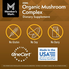 Organic Mushroom Complex dietary supplement label with No Gluten, No Soy, No Dairy icons