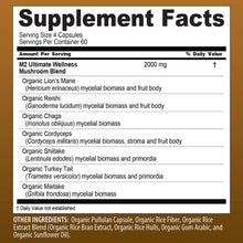 Supplement Facts panel listing mushroom blend ingredients and serving size capsules