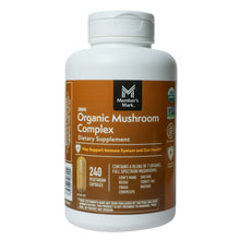 Organic mushroom complex dietary supplement bottle with 240 capsules label