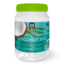 Coconut oil jar with bright green cap and teal label, 56 fl oz